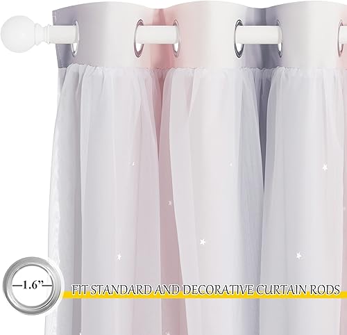 Miniatura 2 de NICETOWN Cortinas para dormitorio de niñas, cortinas de ventana huecas de estrellas de 63 pulgadas de largo, con ojales, 2 capas, 2 paneles, rosa y