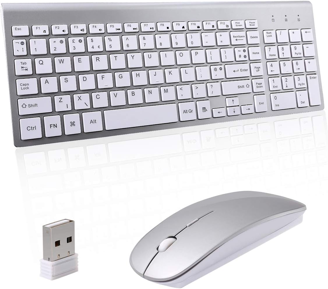 Wireless Keyboard Mouse, Sanhoton 2.4G Ultra Thin Portable Wireless Keyboard and Mouse Combo Compatible with Windows, Mac, Android Tablet (Silver)