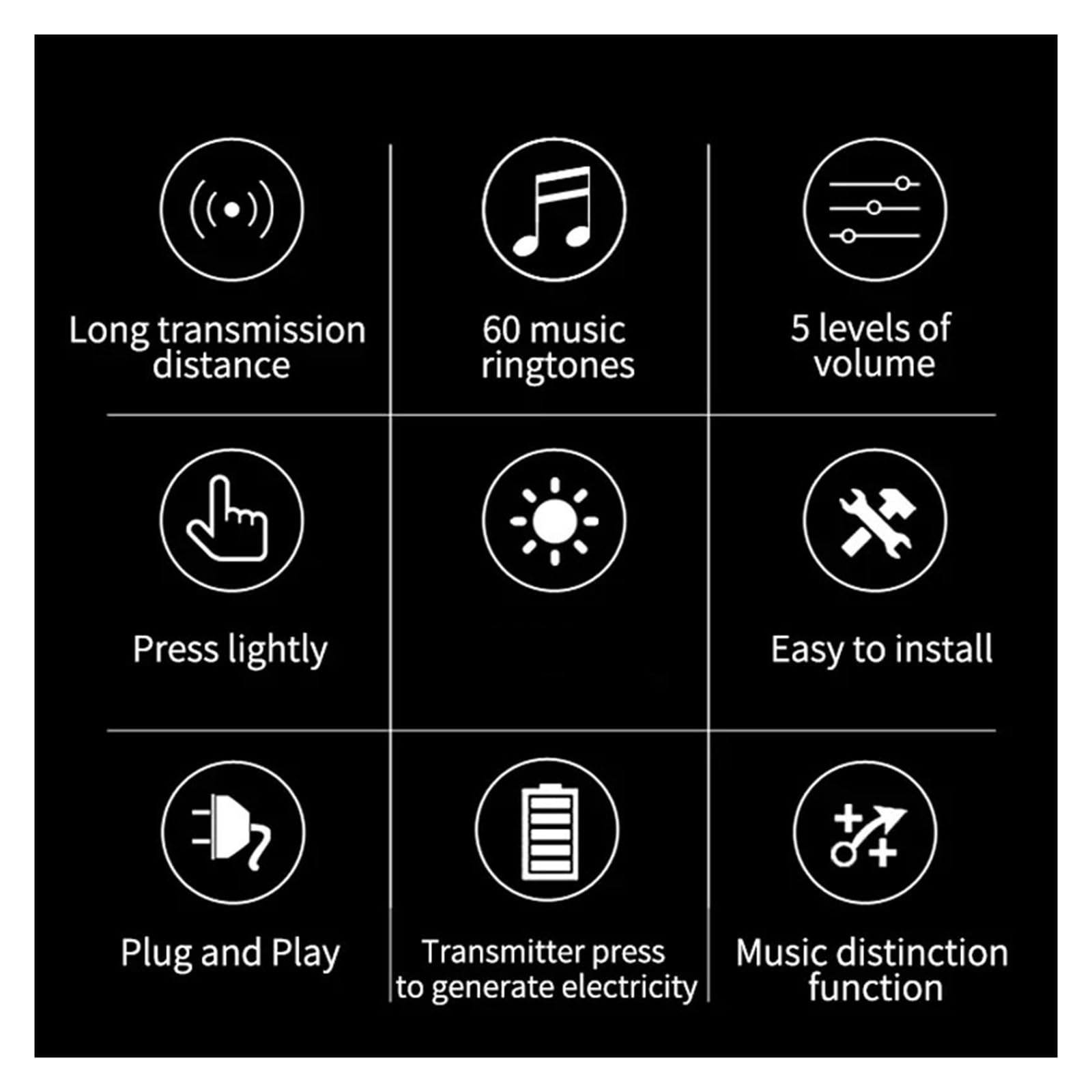 Sonnette sans fil auto-alimentée avec récepteur de carillon à distance