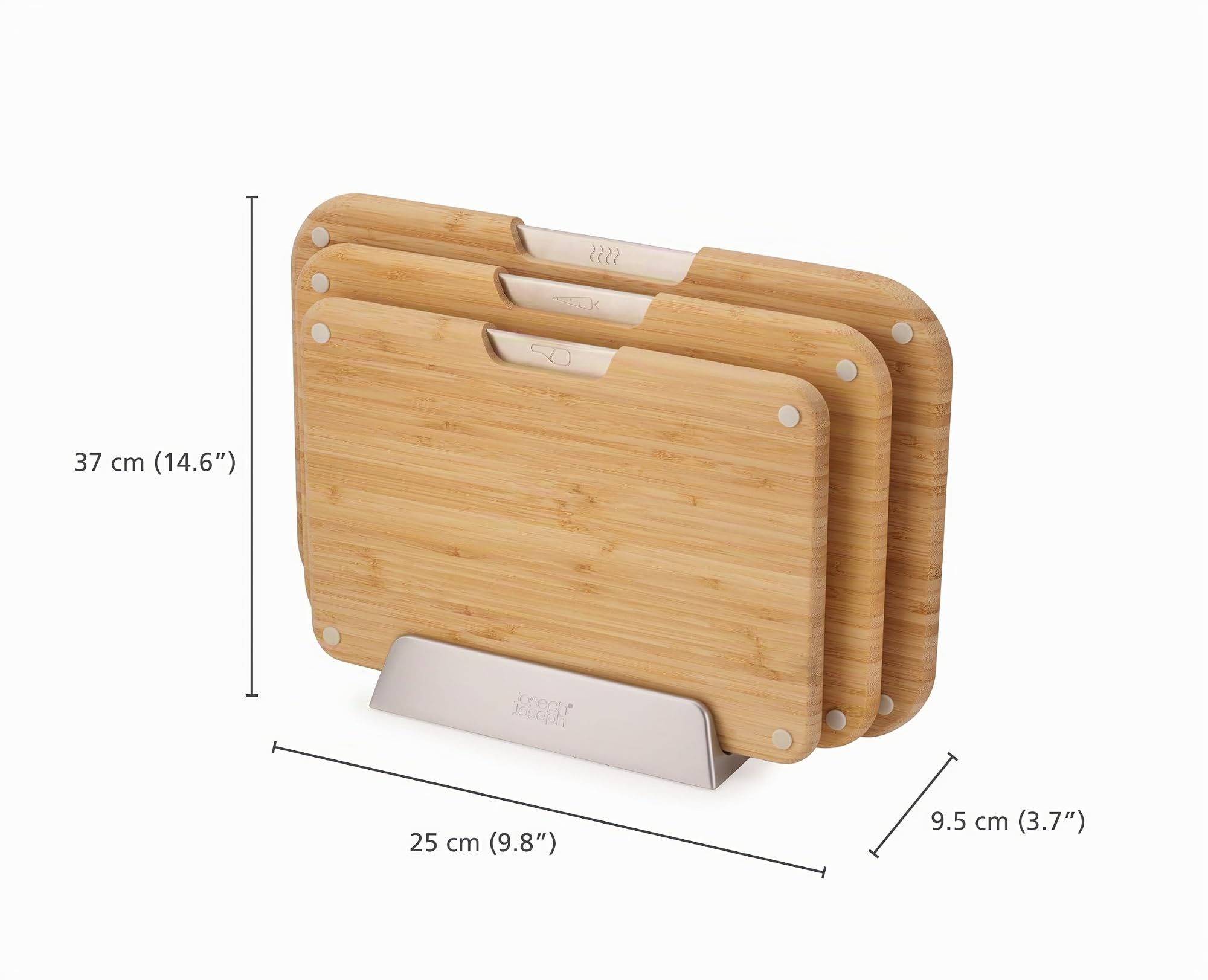 Joseph Joseph Nest™ Juego de 3 Tablas de Cortar en madera de Bambú, Doble Cara, Antideslizantes, Iconos de Alimentos, Soporte de Metal