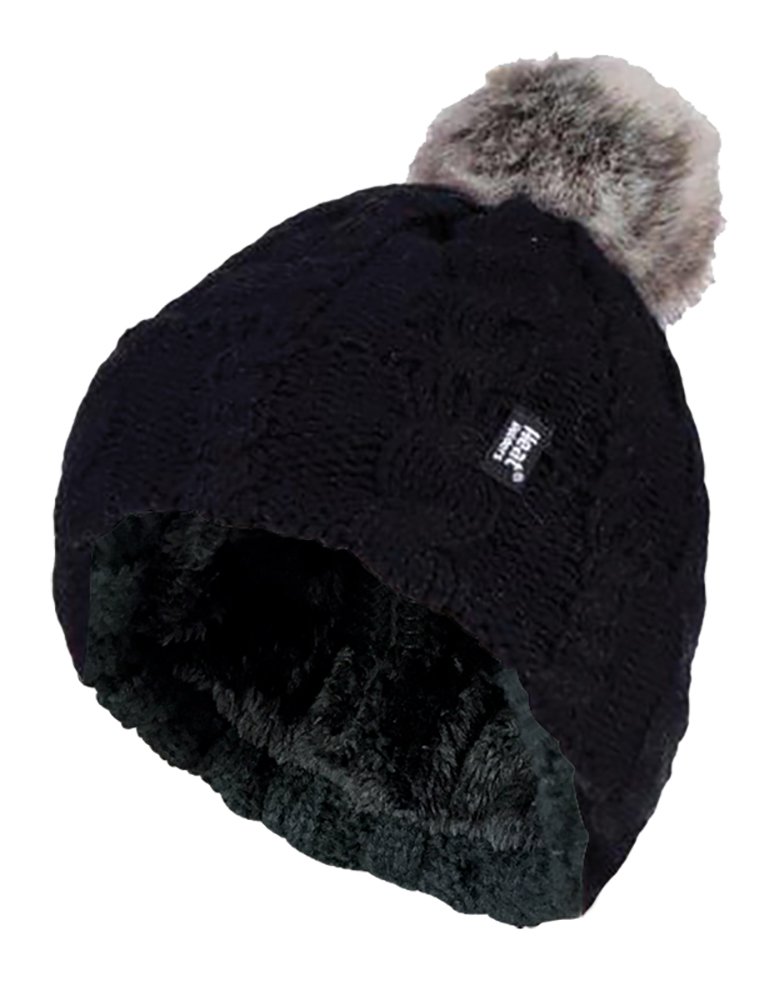 Heat Holders Women's Black - Warm Knit Fleece Lined Cuffed Thermal Winter Bobble Hat With Pom Pom (One Size, )