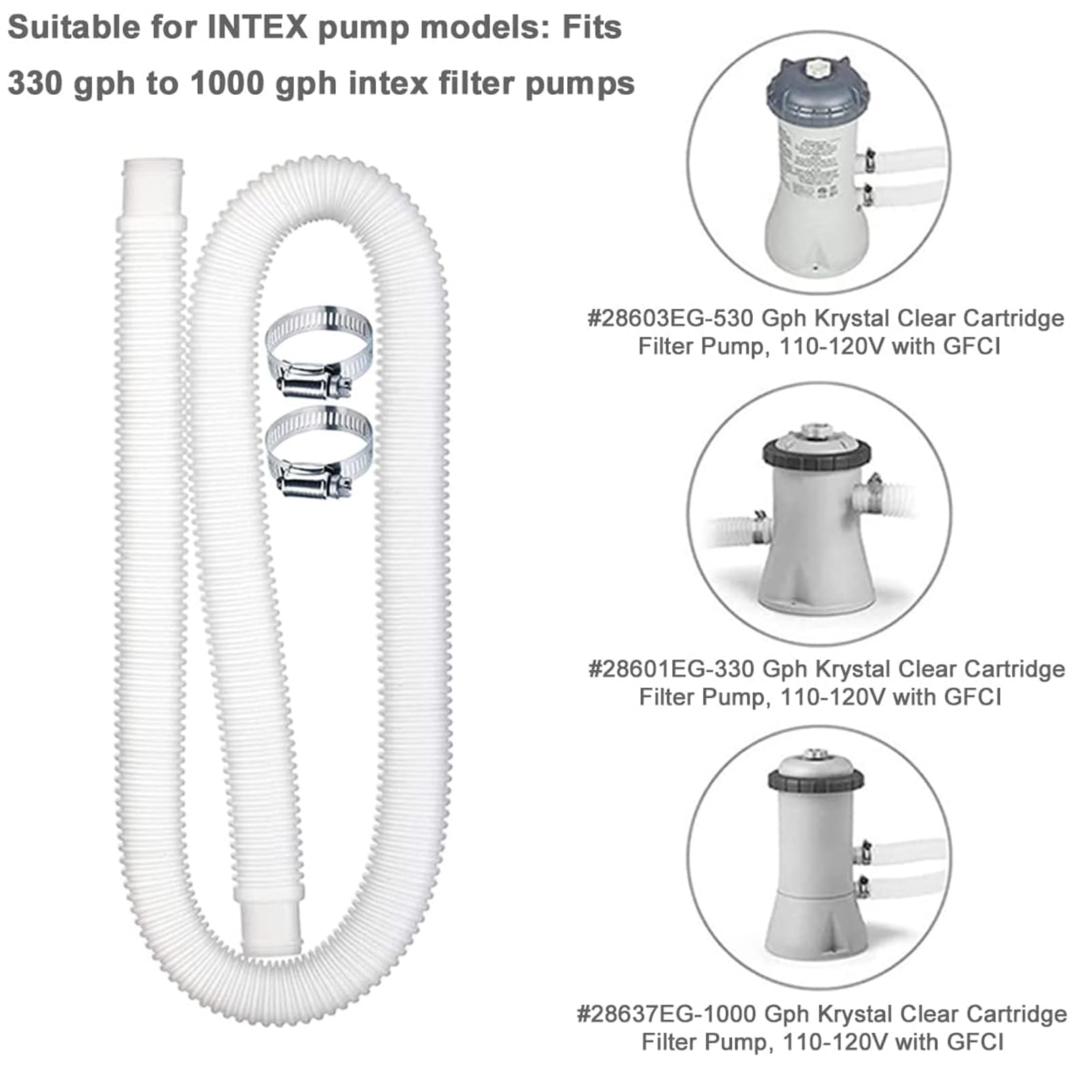 2 pièces Tuyau pour Piscine,Tuyau de Rechange pour Piscine,Pompe à Filtre avec 4 Pinces Métalliques,Tuyaux de Rechange pour Piscines Hors Sol(1.5m)