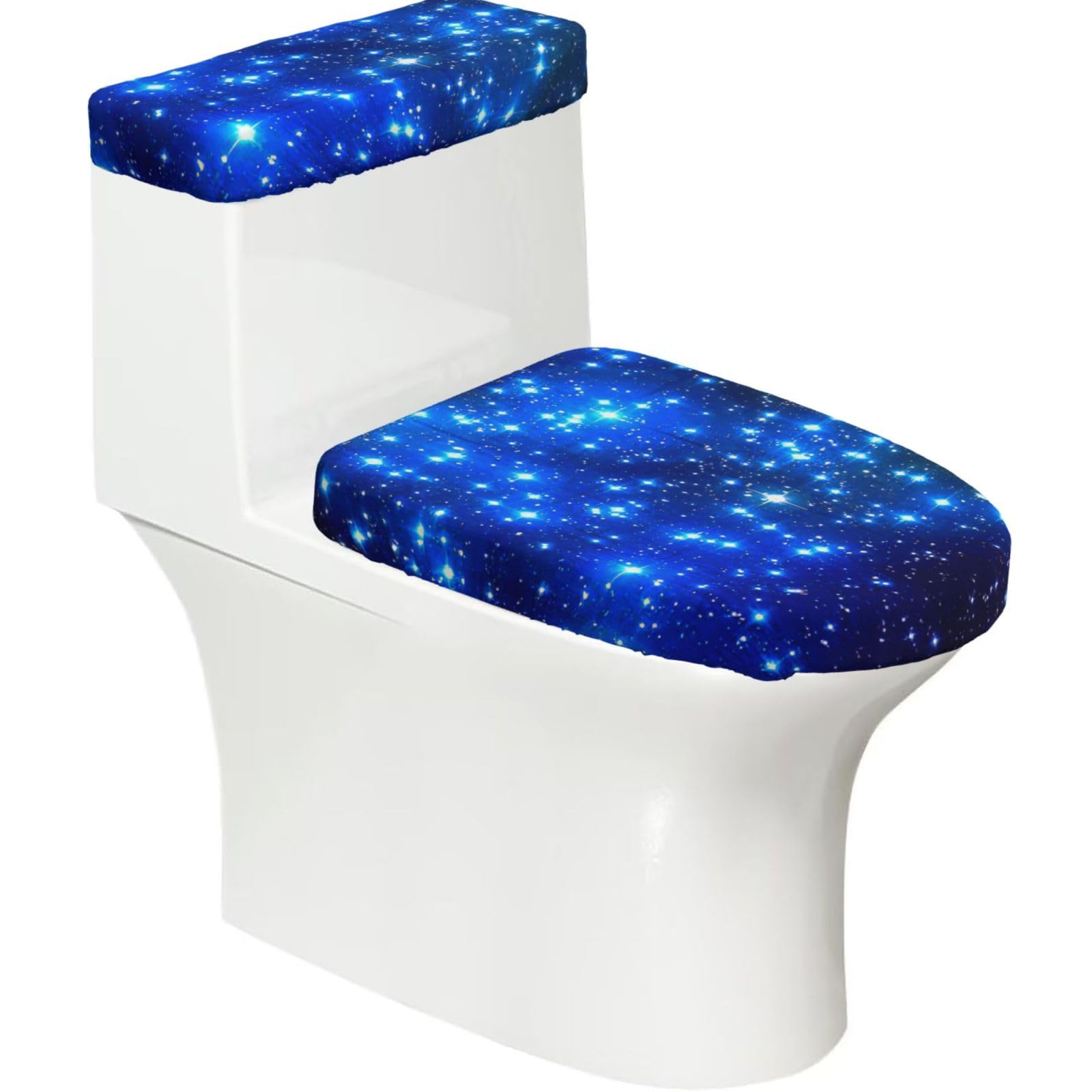 Blue Shining Stars Print Bathroom Decor Toilet Lid Cover And Tank Covers, Restroom Accessories Fits Most Round
