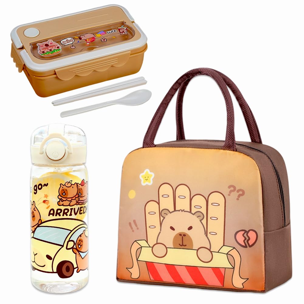 Vexthorion Capybara Lunch Bag Set 3 Pcs, Bento Box & Leak Proof Water Bottle with Straw for Adults,Insulated Thermal Food Carrier Bag for Office School Picnics, Leak-Proof BPA Free Brown (Capybara-2) — image 1