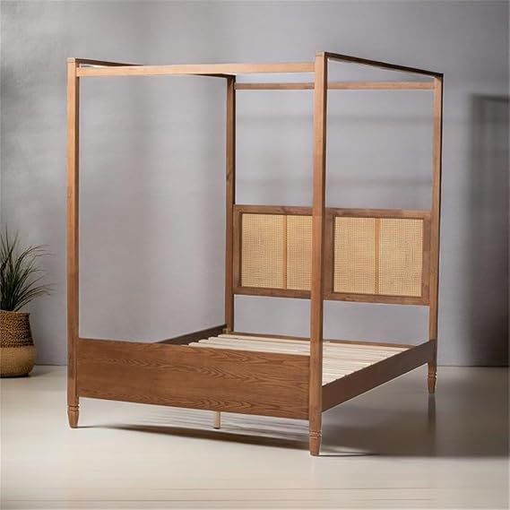 BOWERY HILL 80 W x 85 D Modern Wood & Rattan King Size Canopy Bed with Woven Headboard, Assembly Required, in Walnut Brown Finish