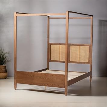 BOWERY HILL 80 W x 85 D Modern Wood & Rattan King Size Canopy Bed with Woven Headboard, Assembly Required, in Walnut Brown Finish
