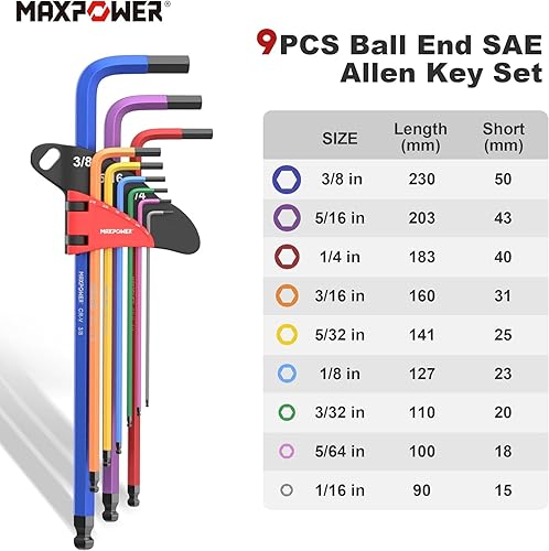 Miniatura 3 de MAXPOWER Juego de llaves Allen, juego de llaves Allen de 27 piezas, incluye SAE (16-38 pulgadas), métricas (0.059-0.394 in), Torx (T10-T50), bola de