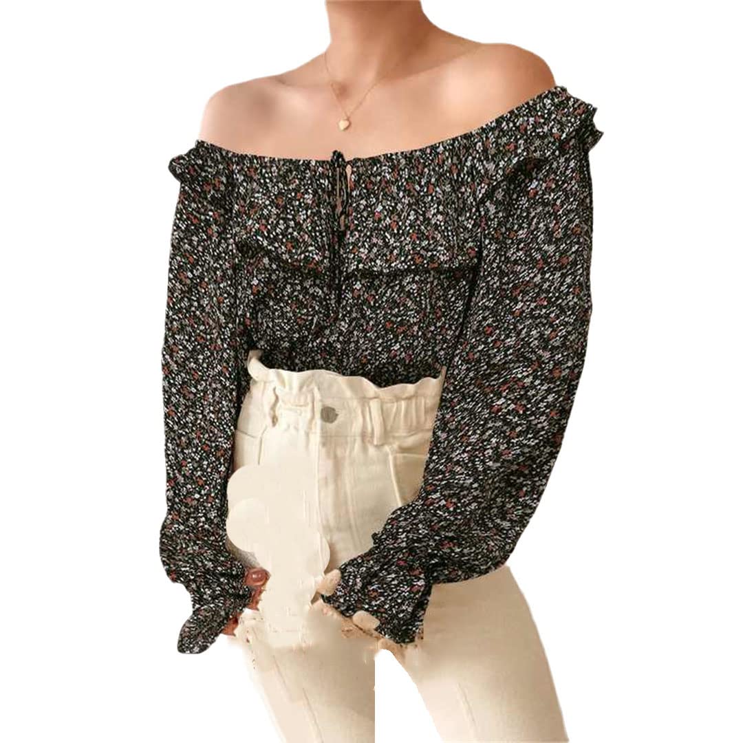 Générique Femmes Sexy Off épaule Blouses Vintage Floral imprimé décontracté Ample à Manches Longues Tunique Chemise
