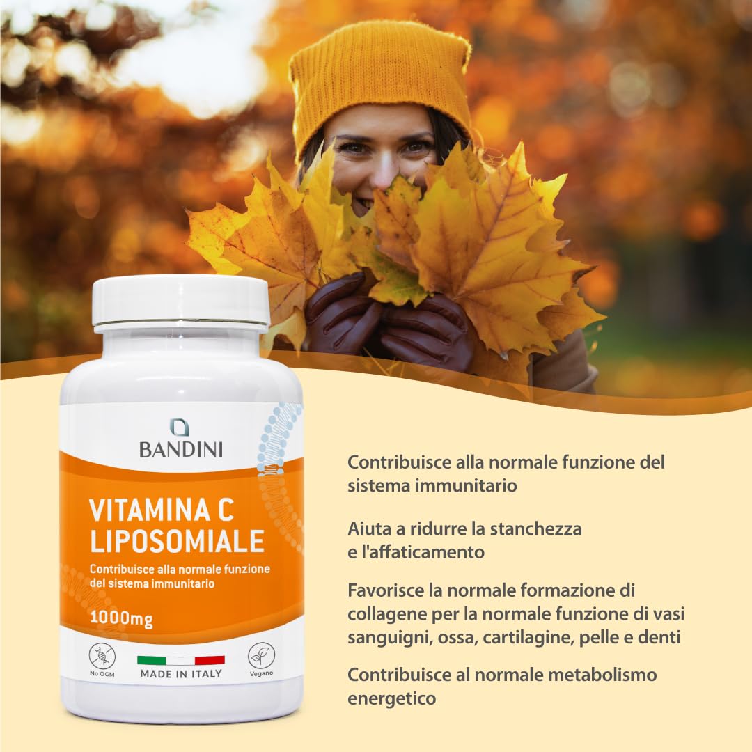 Bandini® Vitamina C Liposomiale 1000mg, 3 mesi, Vegana | Vitamine 100% Vegan ad Alto dosaggio | Sistema Immunitario, Ossa, Cartilagini, Pelle, Denti, Stanchezza | Vit Pura Acido Ascorbico 180 capsule