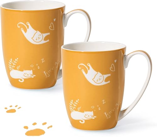 Chulan Cat Bone - Taza de café amarilla de porcelana de 12 onzas, juego de 2 tazas de porcelana de hueso fino, tazas de café con leche capuchino