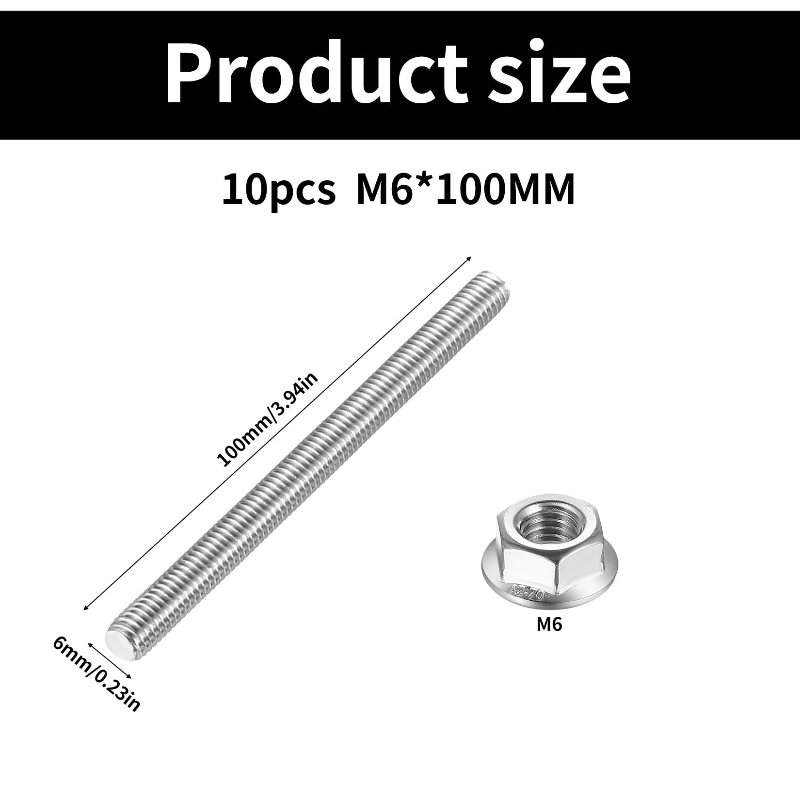 Pręty gwintowane M6 x 100 mm, pręty gwintowane ze stali nierdzewnej A2 V2A, pręty gwintowane ze stali nierdzewnej, z 10 sześciokątnymi nakrętkami kołnierzowymi M6 do budowy mebli, maszyn, produkcji