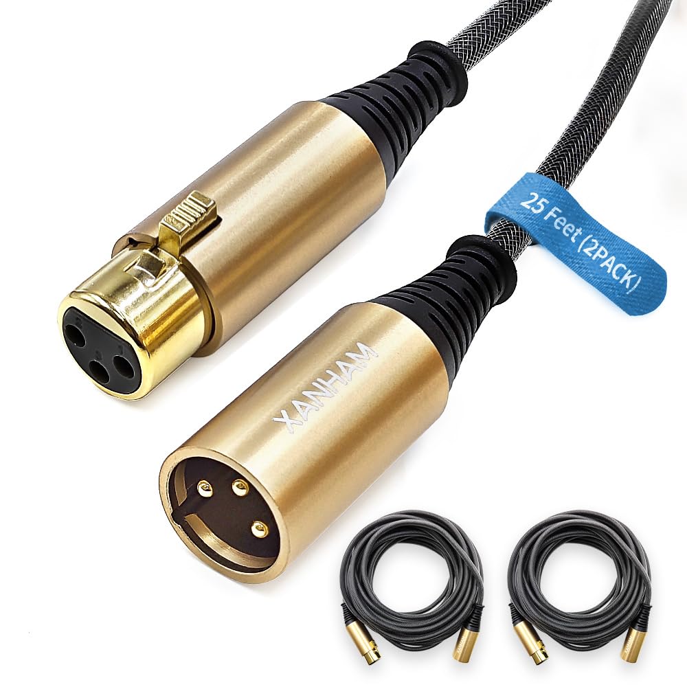 XANHAM XLR Cable 25 Feet/8 Meter 2 Pack 3 Pin Microphone Female to Male Balanced Shielded Cable, Fibre Braiding with 22AWG Oxygen-Free Copper(OFC) Mic