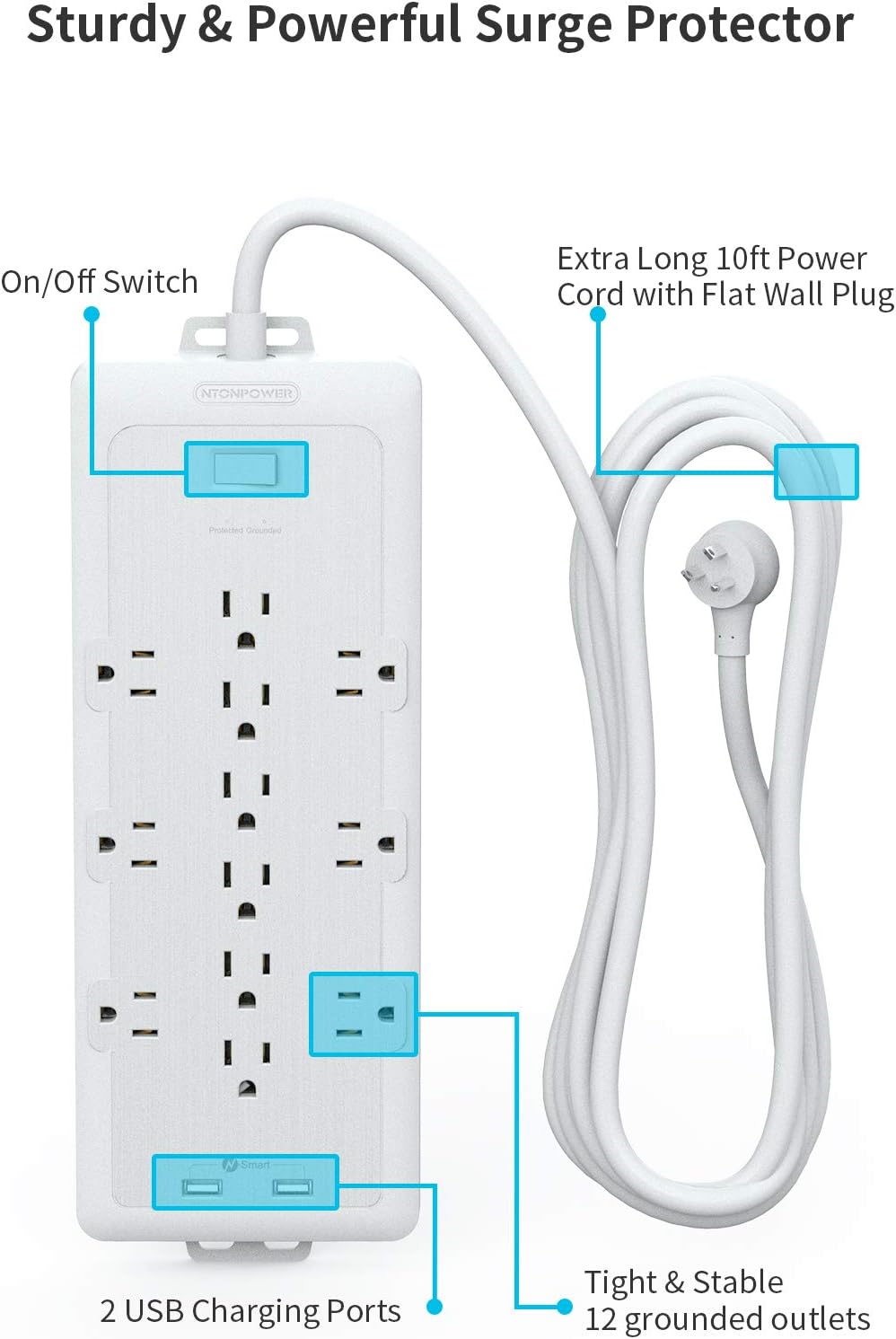 4000 Joules Surge Protector Power Strip, 12 Widely Spaced AC Outlets, Overload Protection, (1875W/15A) Heavy Duty Extension Cord 10 ft, Wall Mount, ETL Listed, Ideal for Home, Dorm Essentials, White