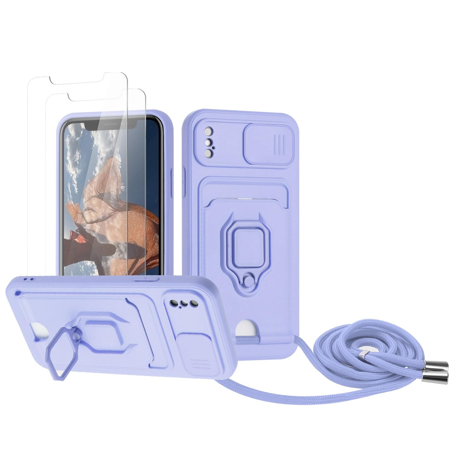Zallagre Funda con Cuerda Compatible con Redmi Note 13 Pro 5G,[2 Packs Cristal Templado],Ranura para Tarjetas,Cubierta de Cámara Deslizante Proteger,360 Anillo Soporte-Morado — view 95