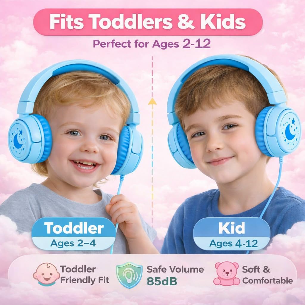 K6 - Cuffie per bambini per la scuola, limite di volume 85/94 dB, cuffie cablate per bambini, jack da 3,5 mm, pieghevoli, con microfono, cuffie per smartphone, iPad, tablet, aereo, viaggi (ciano)