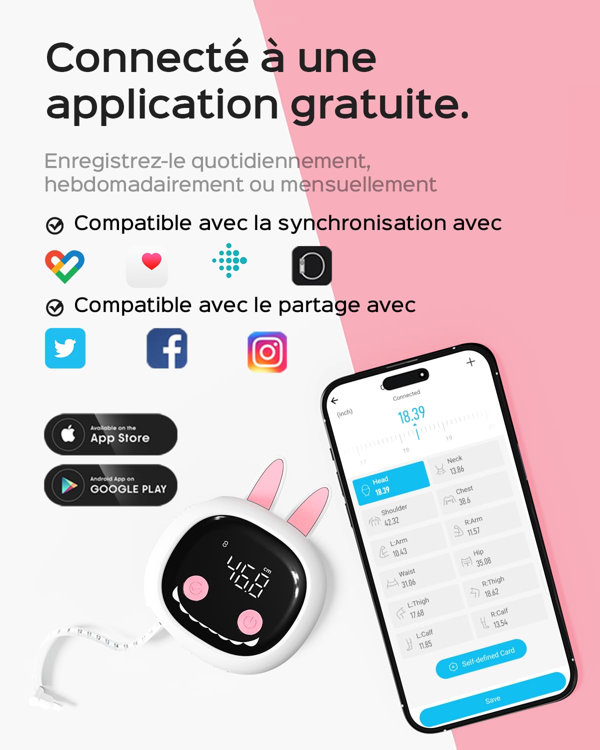Mètre Ruban Corps Rétractable | Connecté avec Application pour Mesure du Corps, Suivi Fitness et Perte de Poids, Rechargeable, 60 Pouces/150 cm