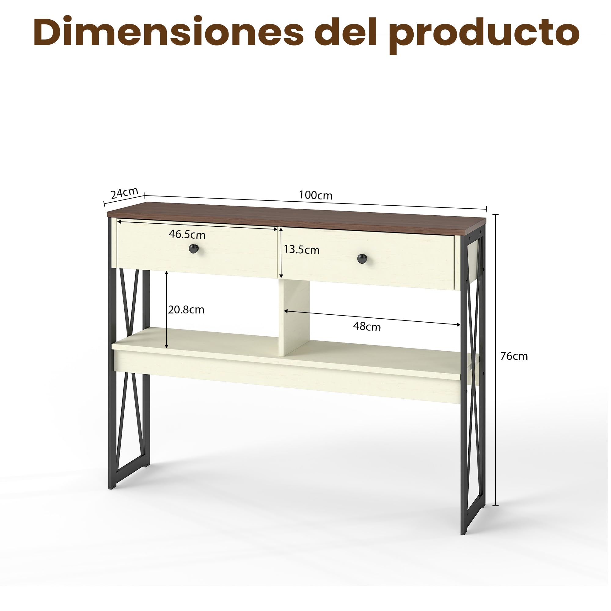 Manora Mesa de Consola Industrial, Mesa de Entrada con 2 Cajones y estantes de Almacenamiento, Mueble de Entrada para Salón, Pasillo y Recibidor, 100 x 24 x 76cm, Blanco y Marrón