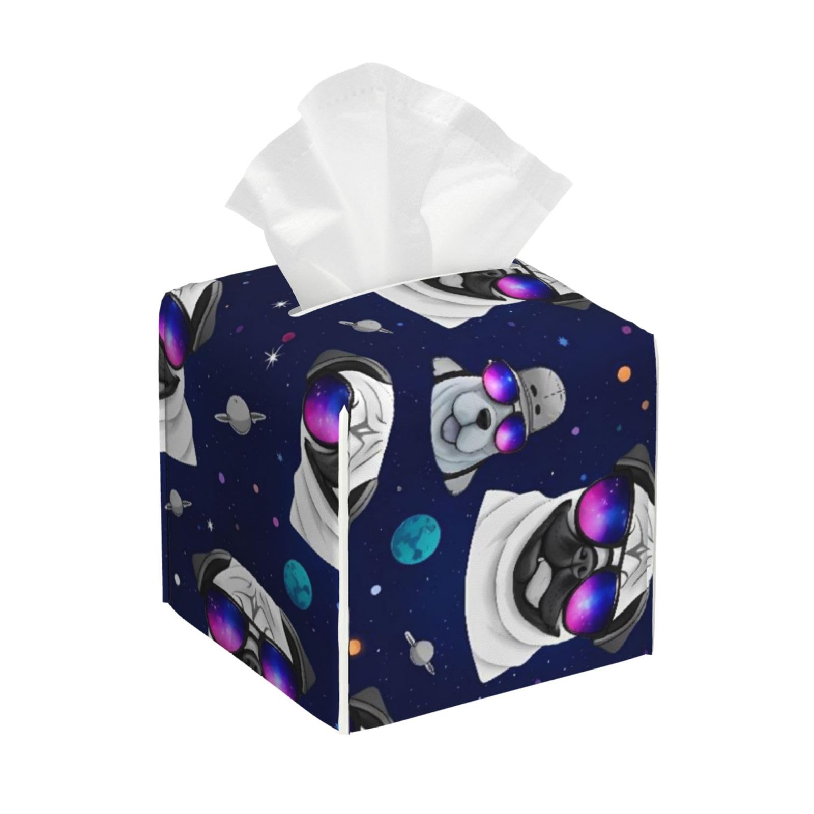Galaxy Pug with Cool Glass Leather Tissue Box Cover Holder Square Facial Paper Organizer 5.2" X 5.2" X 5.2"