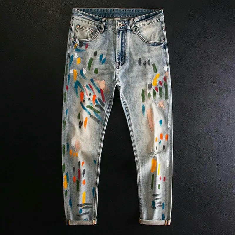 Street Men Jeans Retro Washed Blue Stretch Slim Fit Ripped Jeans Mens Painted Designer Hip Hop Splashed Denim Pants2