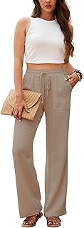 Pantalones de lino para mujer, de cintura alta, rectos, casuales, holgados, de pierna ancha, con cordón y bolsillos