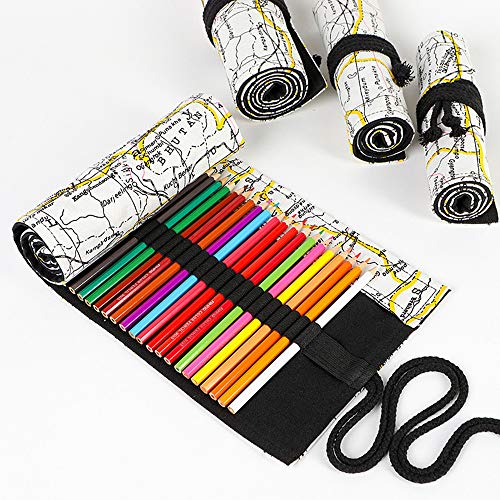 Image of Funny live 24 /36 /48 /72 Slots Colored Pencil Wrap Roll up Pen Holder Case Drawing Coloring Pencil Roll Organizer Stationery Case for Student Artist Traveler (Map, 24 Slots)