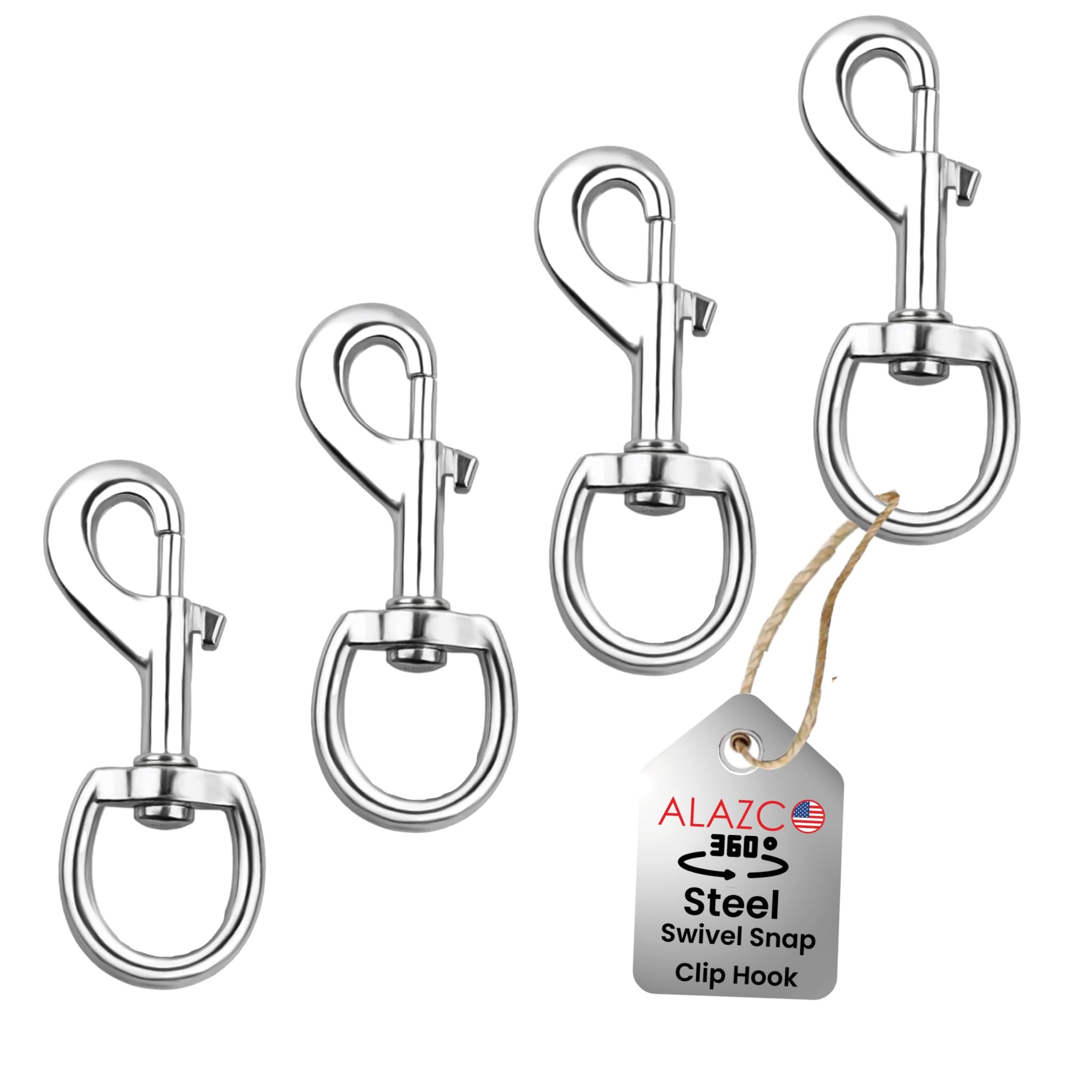 4pc ALAZCO Flag Swivel Snap Clips Hooks 3.5” Heavy Duty Spring Sturdy 200lbs Safety Load 0.78” Eyelet Capacity Flagpole Hardware Pet Leash Key Chain Leather Craft Camping Boating Tarp Cover Clips