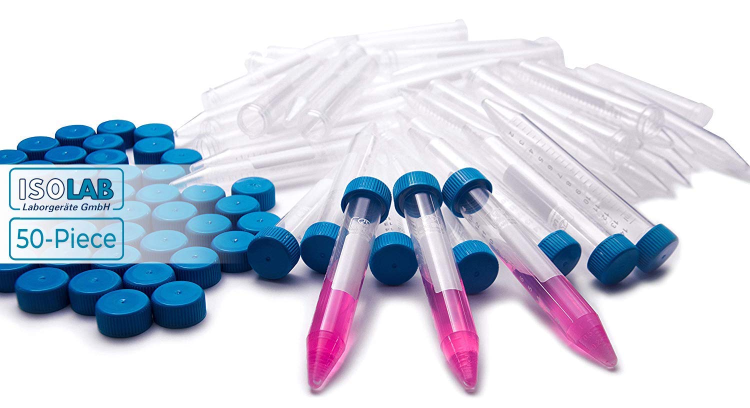 ISOLAB USA – Tubes de centrifugeuse en plastique, 15 ml, fond conique – Bouchons à vis bleus, marques graduées, non stériles, lot de 50 (50, 15 ml – 50 pièces)