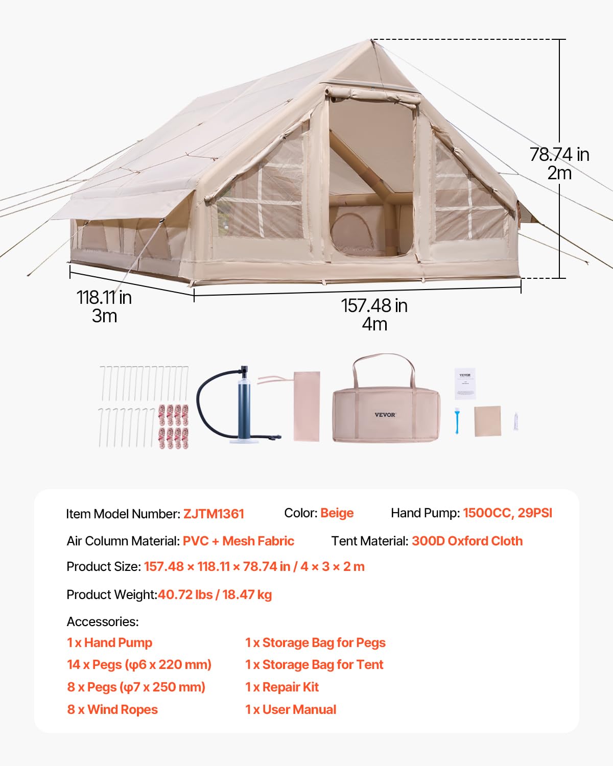 VEVOR Tente de Camping Gonflable Tente de Glamping 3 à 12 Personnes Oxford 300D Facile à Installer