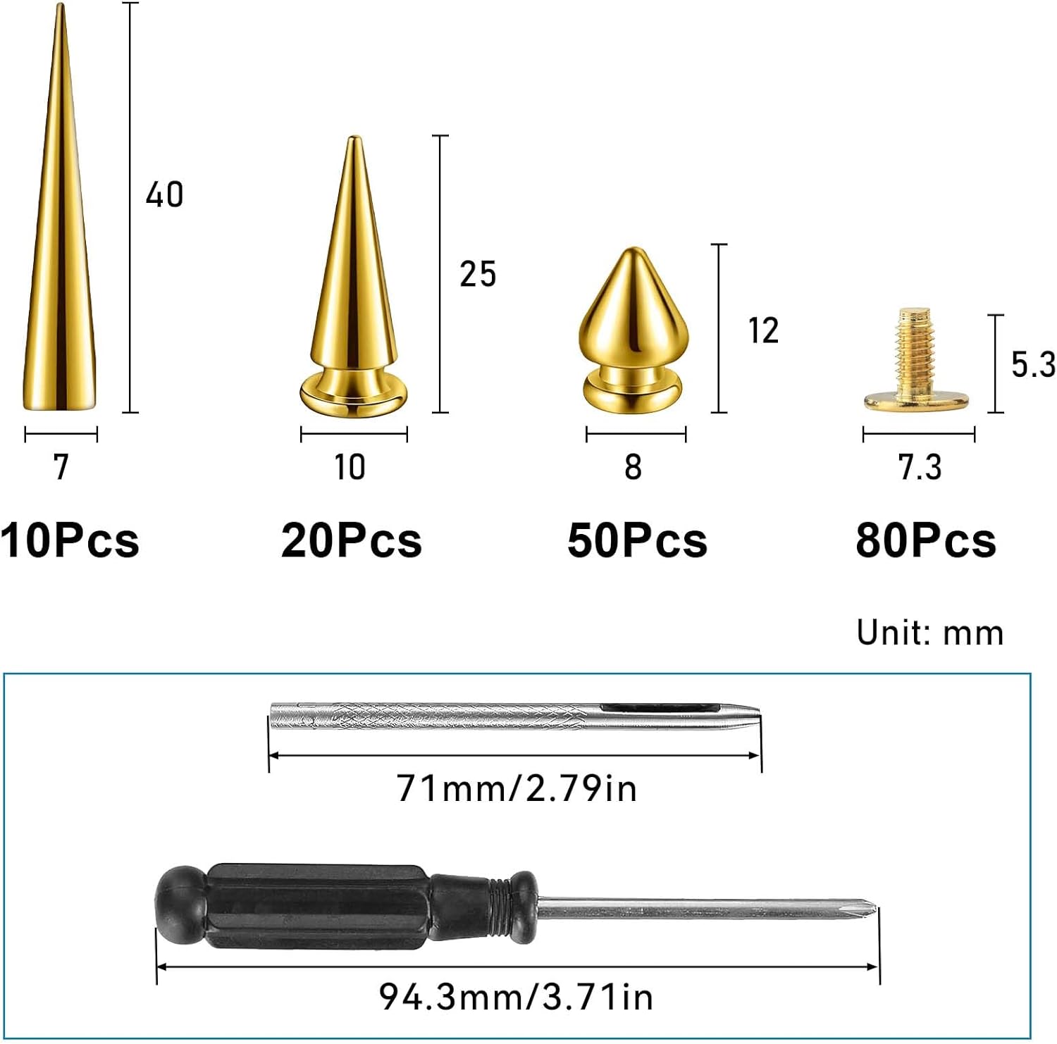 80 Sets Spike Studs for Clothing,Gold Multi Spikes and Studs Kit for Punk Clothes Crafts 7x40mm 10x25mm 8x12mm - Image 2