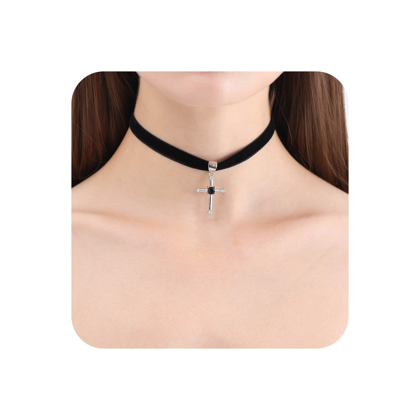 Yienate Gótico Collar Terciopelo Negro Collar Gargantilla Cruz Plata Vendimia Colgante Collar Cruz Declaración Encanto Collar De Gamuza Minimalista Fe Crucifijo Collar De Joyas Para Mujeres