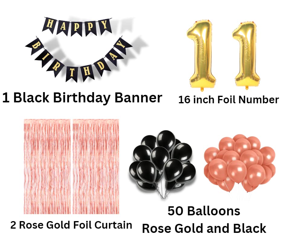 Image of 11th Birthday Decoration items for Girls with Black and Rose Gold Balloons, Black Happy Birthday Banner, Rose Gold Foil Curtain, Foil Balloon number 11
