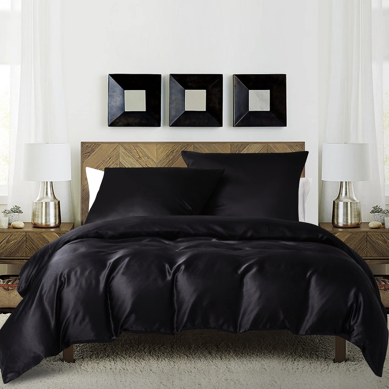 Luofanfei Parure de lit 240x260 Noir Adulte 2 Personnes Satin Sets de Housse de Couette Unie Ensembles Literie Modern Uni Noire Linge de Lit avec Fermeture éclair et 2X 65x65cm Taies d'oreiller