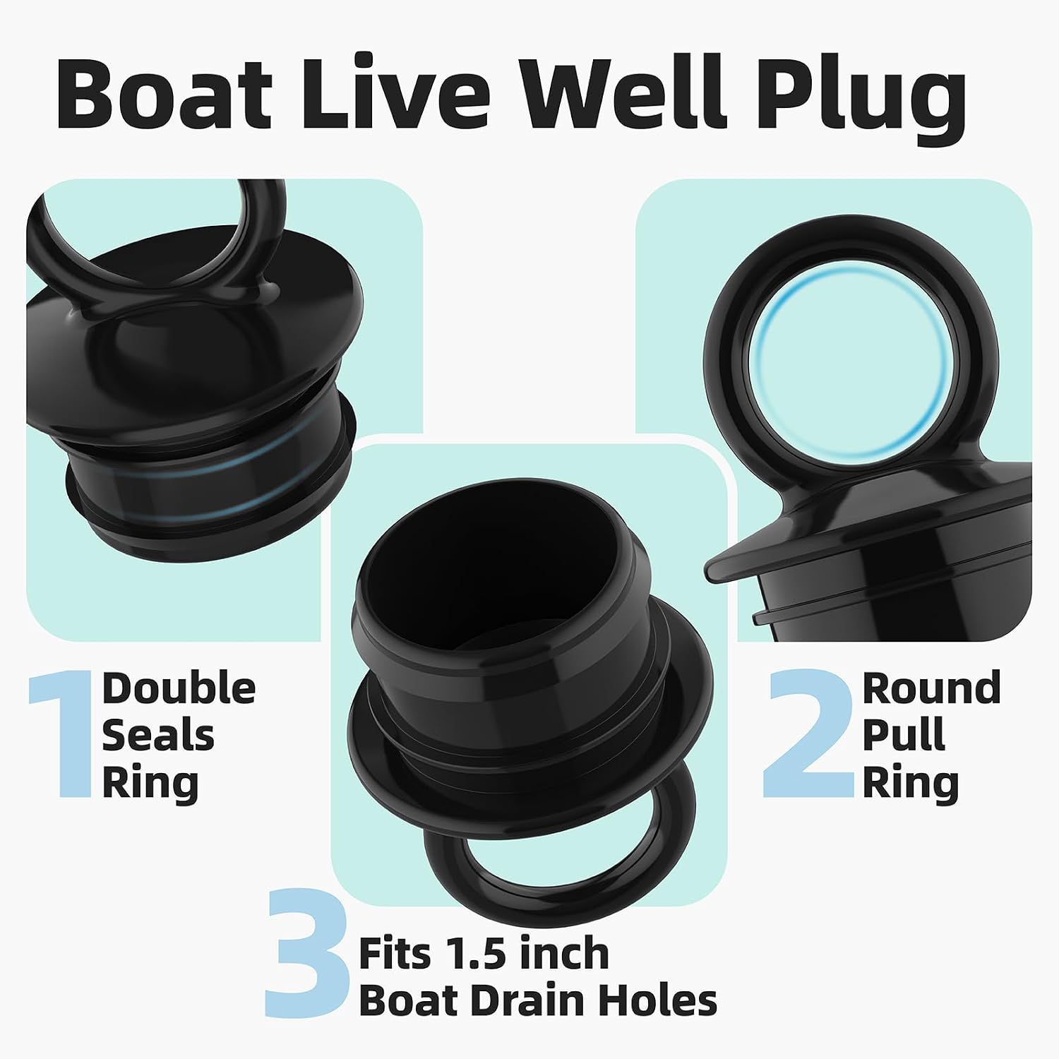 PVC Push-in Boat Drain Plug for T-H Marine 1-1/2” Thru-Hull Drains Tubes, Livewell Plug with Double-Layer Seal Ring & Pull Ring, Prevents Water Overflow for Boats, Sinks & Coolers (4 Pcs)