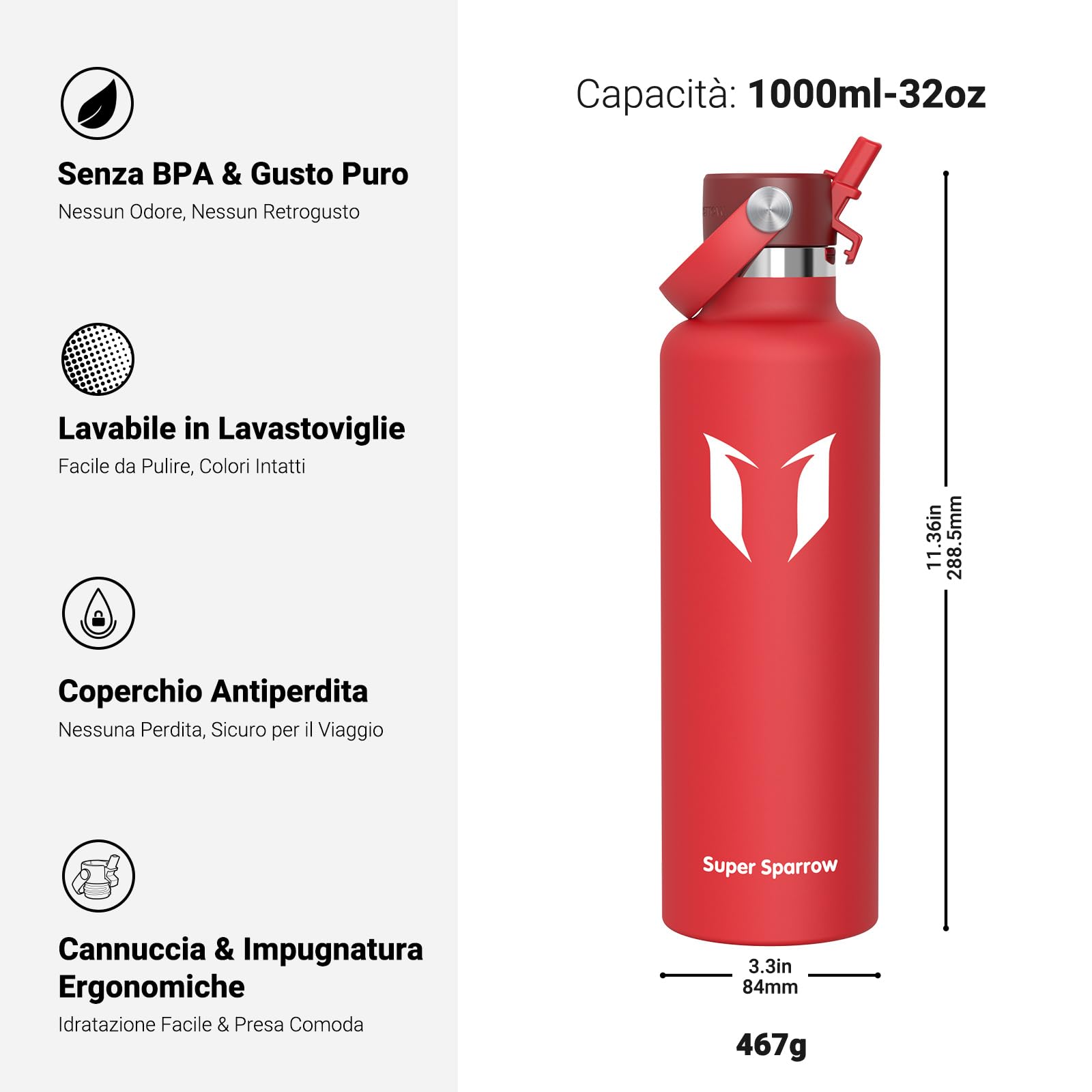 Super Sparrow Borraccia Termica, Acciaio Inox Bottiglia Termica - 350ml, 500ml, 750ml, 1L, 1.2L - Senza BPA Borracce, Borraccia Bambini per Scuola, Sport, Campeggio, Yoga, Palestra, Ciclismo