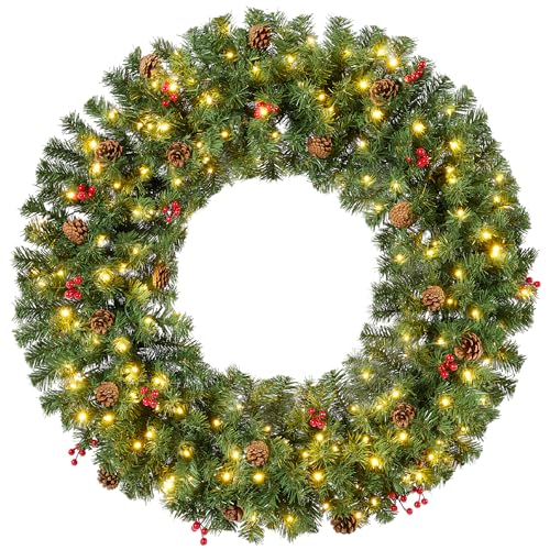 Image of Best Choice Products 36in Pre-Lit Christmas Wreath w /Berries & Pinecones, Large Artificial Indoor /Outdoor Decor for Door, Mantel, Plug-in