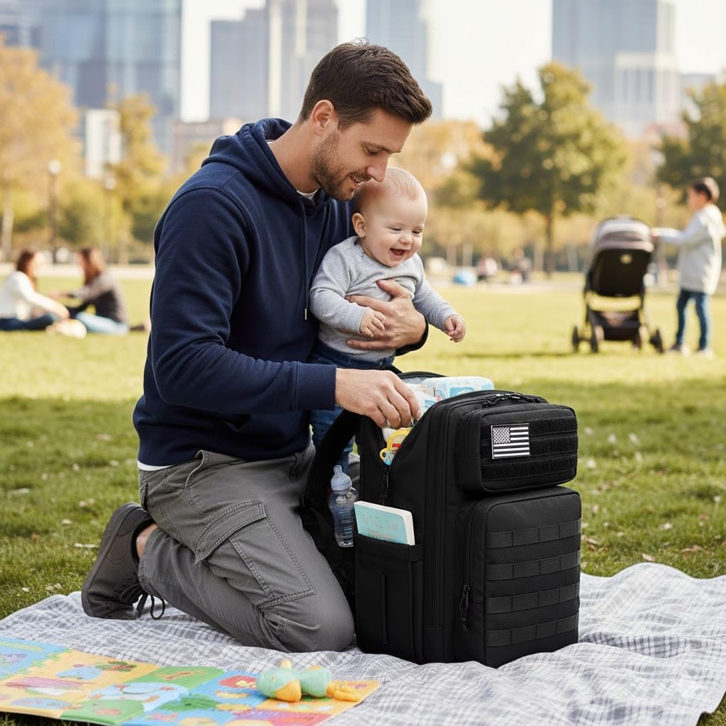Dad Diaper Bag with Insulated Pockets, Stroller Clips and Luggage Sleeve for Travel, Large Tactical Diaper Bag for Men, Black