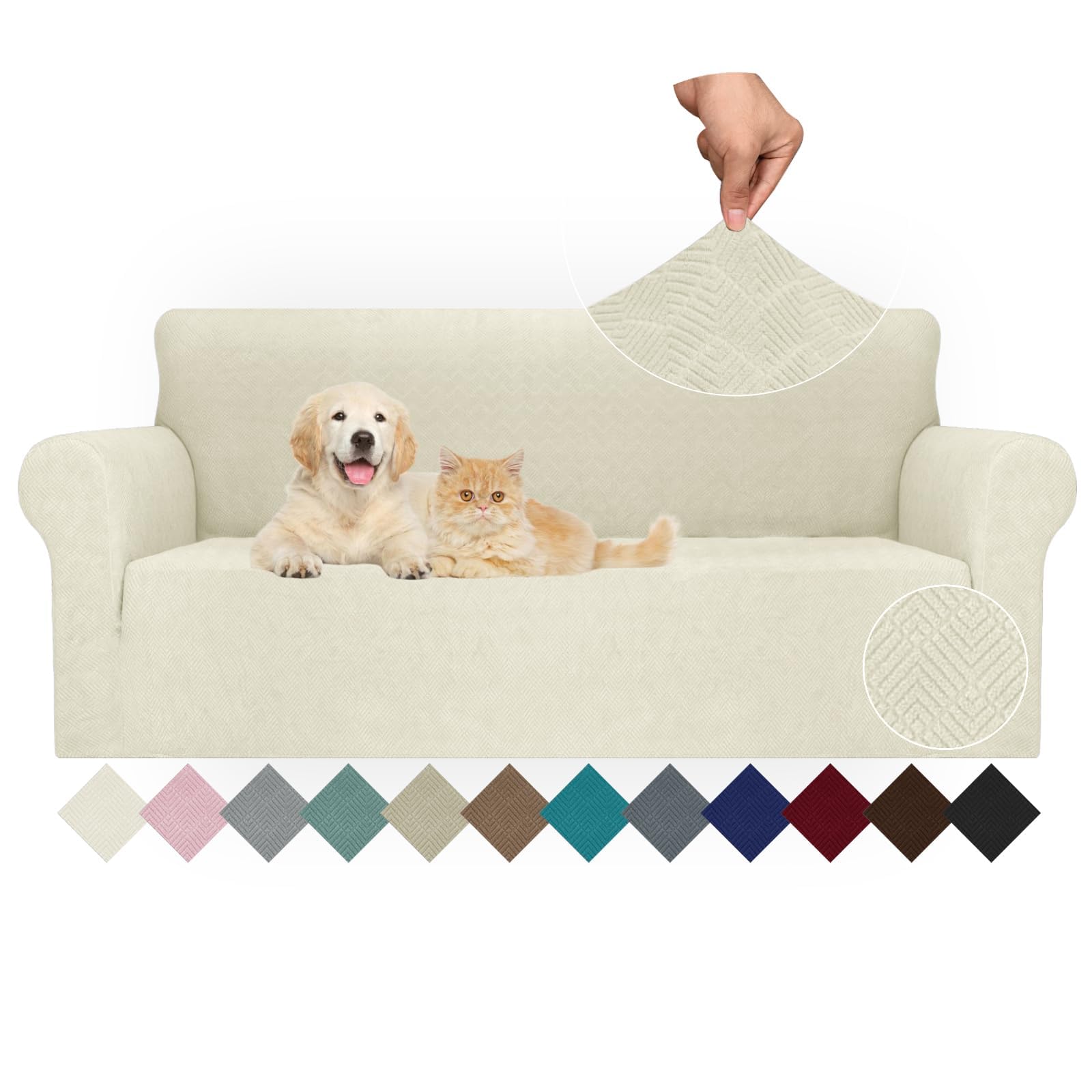 Ystyle Funda Sofa 3 Plazas Ajustable, Fundas para Sofa Elasticas, Funda De Sofa Anti Gatos Perros, Sofa Cover con Reposabrazos, Jacquard Fundas Cubre Sofa Ntideslizante Lavable, Beige