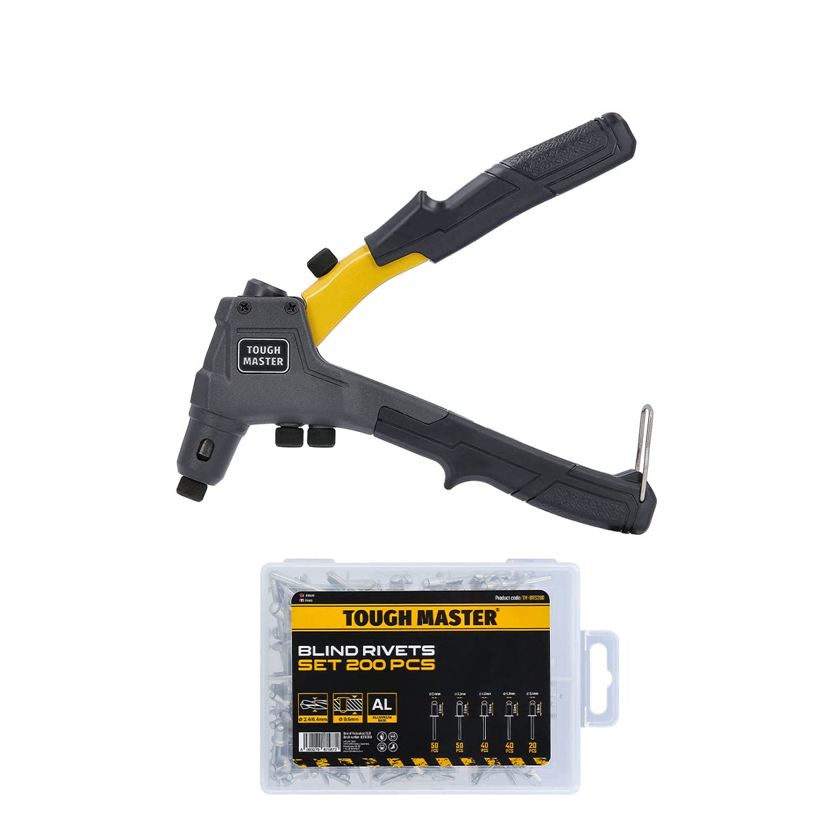 TOUGH MASTER Rivet Gun With 200 Rivet Nuts 4-in-1 Robust Professional Riveter Tool 4 Head Nozzles 3/32" (2.4mm) 1/8" (3.2mm) 5/32" (4mm) 3/16" (4.8mm) Three Clamping Jaws