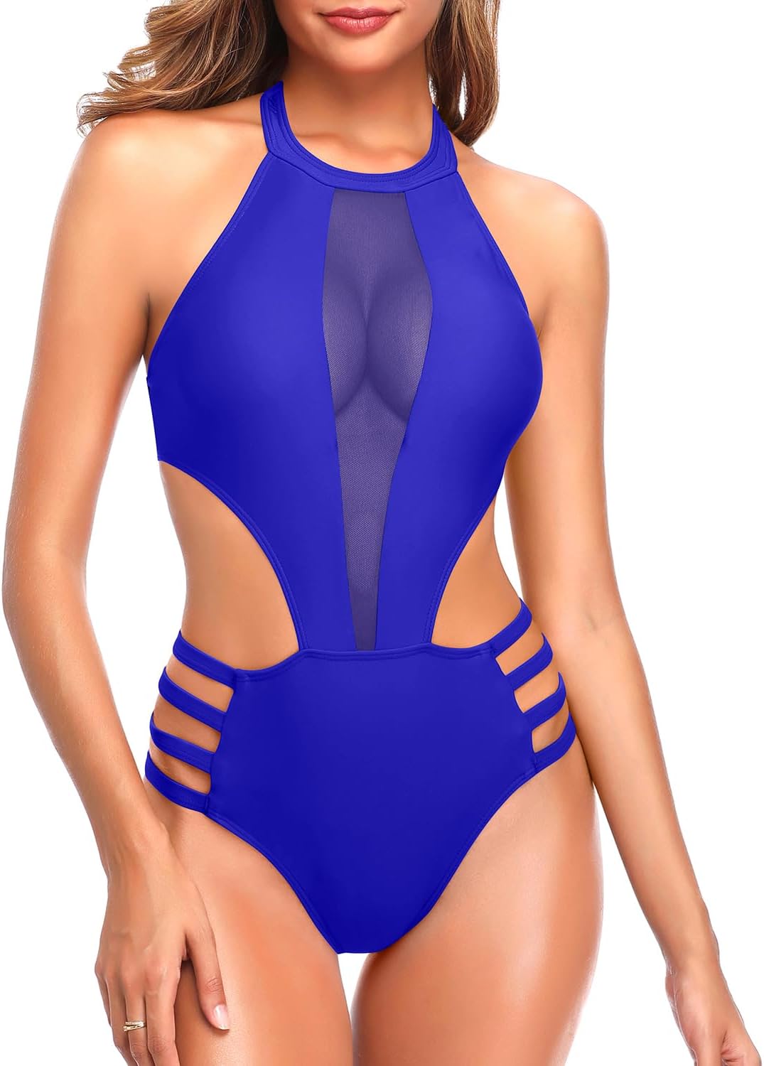 Tempt Me Women One Piece Sexy Mesh Swimsuit High Neck Halter Cutout Monokini Swimwear