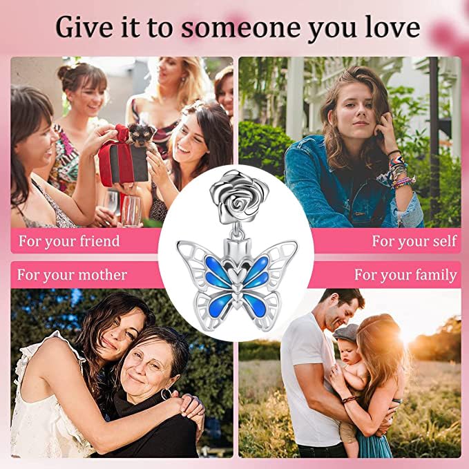 Image of NanMuc Enamel Blue Butterfly Charm for Pandora Bracelet Rose Flower Dangle Bead for Women Necklace