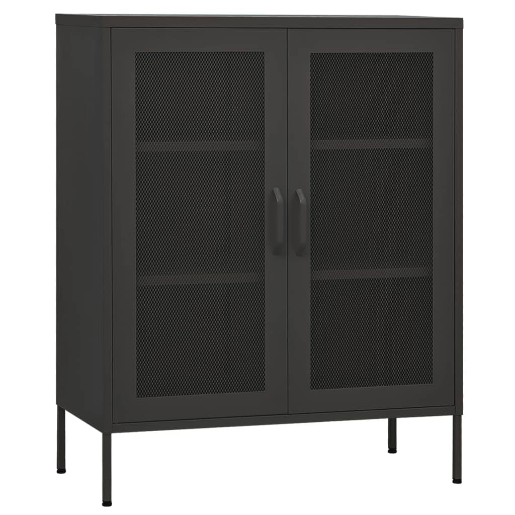 Stalowa szafka magazynowa, antracytowa, 80 x 35 x 101,5 cm, z 2 drzwiami z kratkami i półkami, nóżki z regulacją wysokości, wytrzymały kredens na książki i czasopisma
