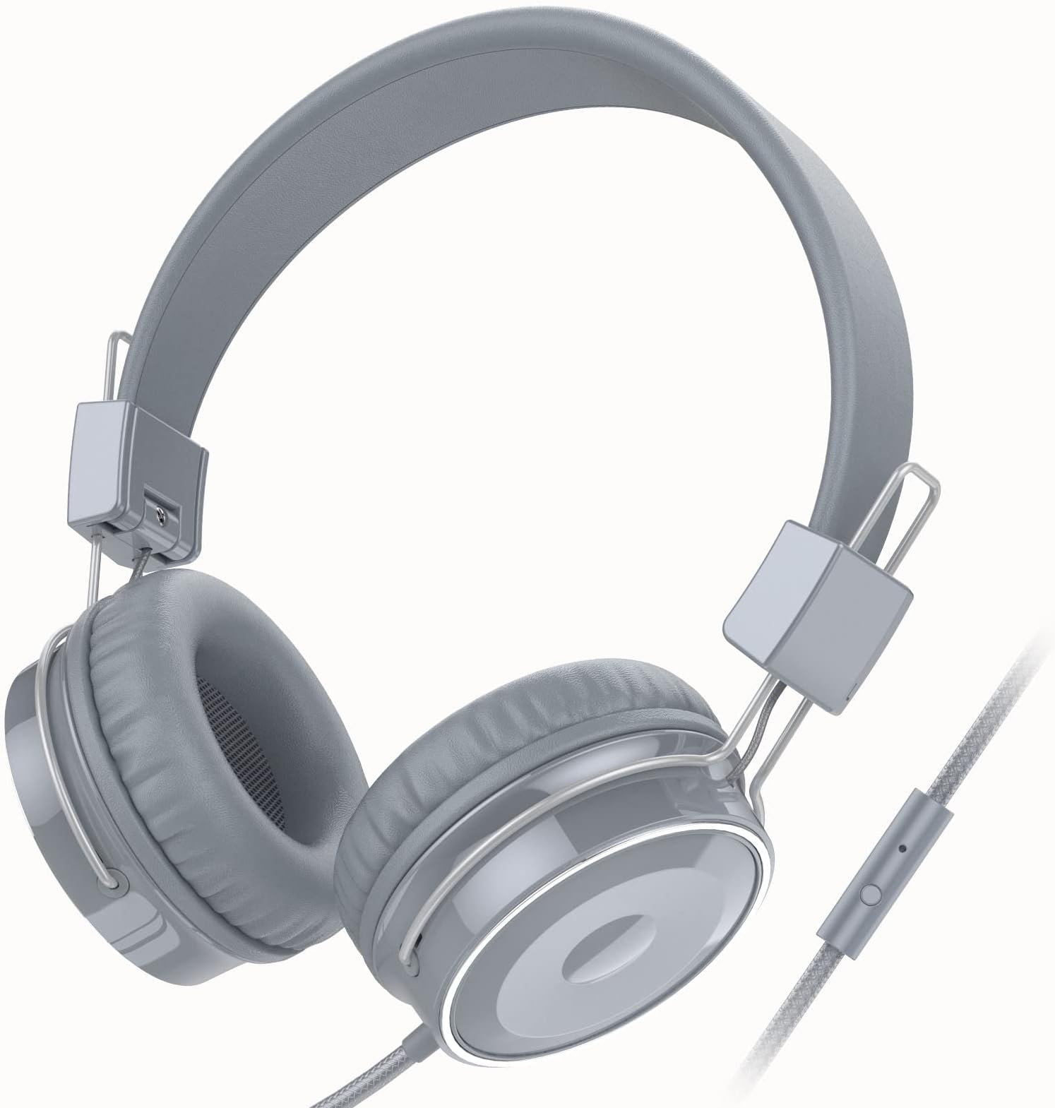 BASEMAN Wired Headphones with Microphone - Foldable Wired On-Ear Headphones for Laptops Computer Cellphone Tablet, Stereo Bass Headsets with 3.5mm Jack No-Tangle Cord for Boys Girls Women Men - Grey