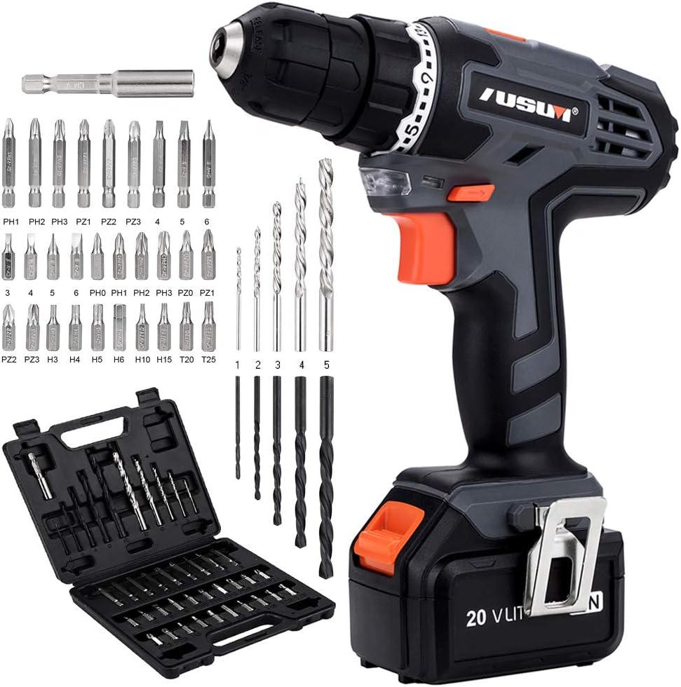 AUSUM 20V Cordless Drill Driver With 2.0Ah Lithium Ion Battery, 21+1 Torque Setting, Variable Speed Switch, LED light ,40pcs Accessories