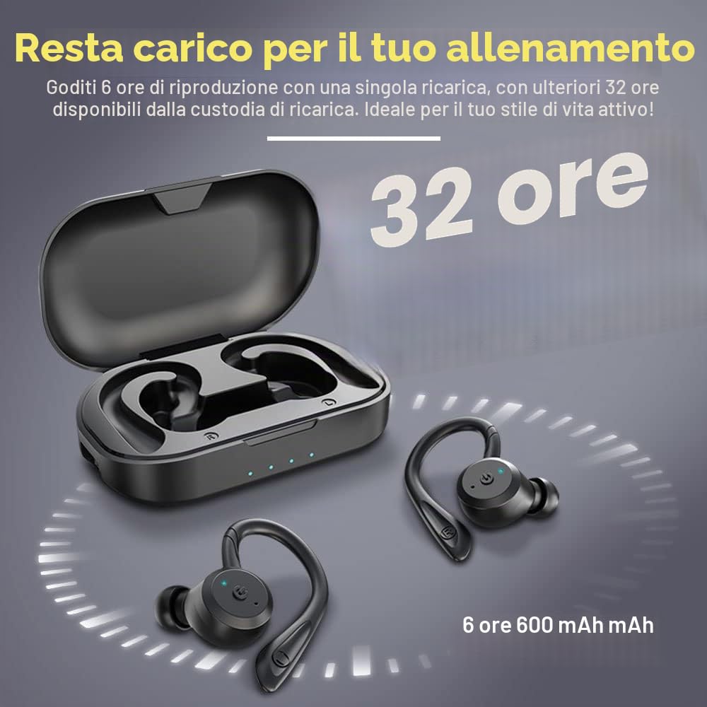 APEKX Cuffie Bluetooth True Wireless con custodia di ricarica Audio stereo impermeabile IPX7 Microfono incorporato in-ear Bassi profondi per lo sport Running Nero