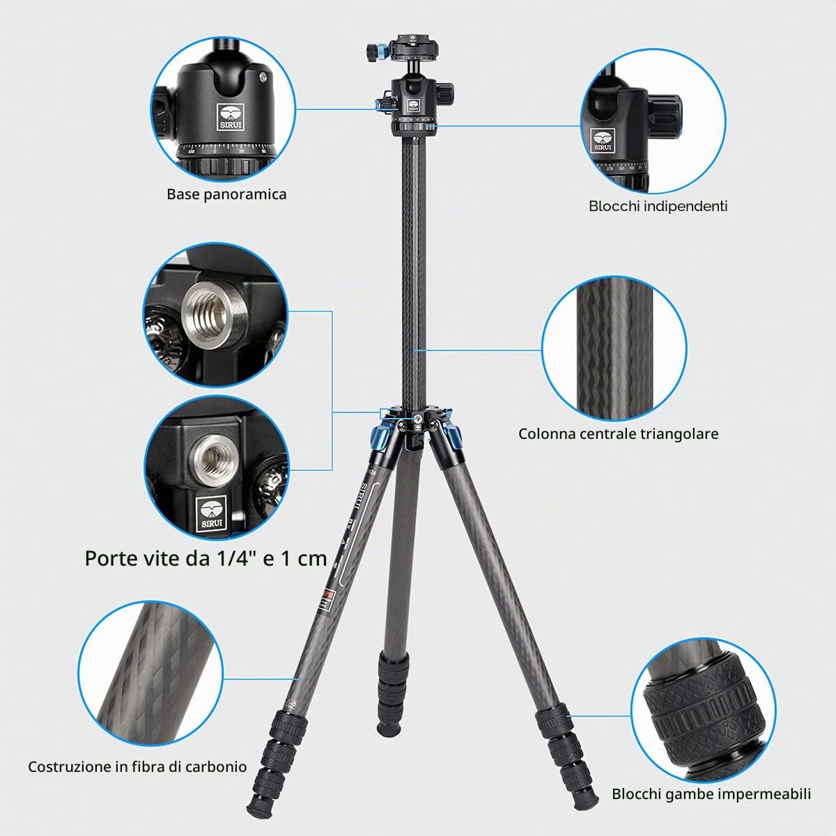 SIRUI ST-124+ST-10X Treppiede impermeabile per fotocamere in carbonio con testa a sfera a 360°, treppiede da viaggio professionale in fibra di carbonio, colonna centrale a triangolo, max 166 cm, 12 kg
