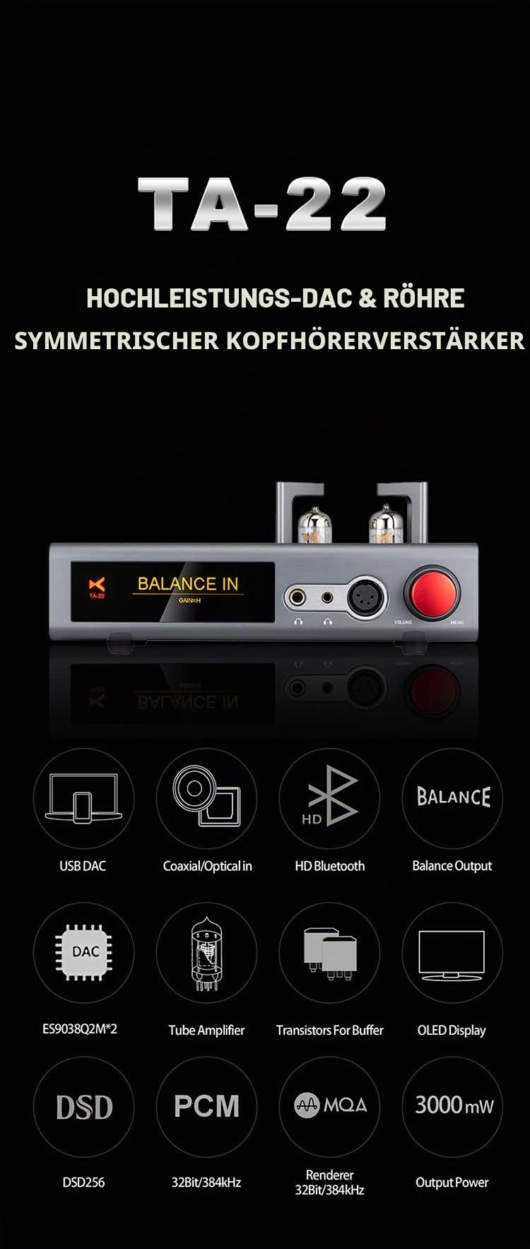 XDUOO TA-22 ES9038Q2M*2 DSD256 HD Bluetooth PCM 32Bit/384kHz Balance Ausgang High Performance DAC/Tube Balance Kopfhörer Verstärker
