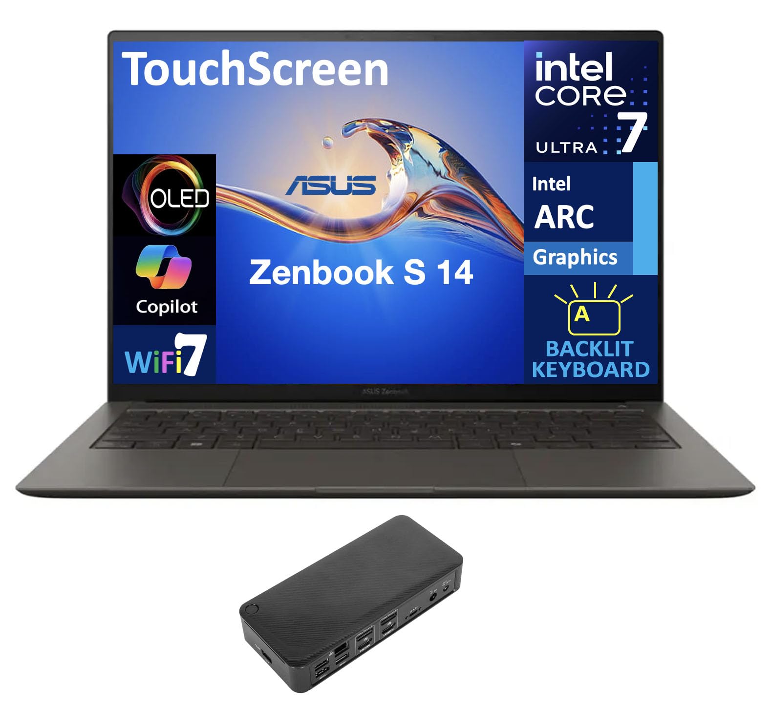 ASUS Zenbook S 14 AI PC Laptop 14.0" Touchscreen OLED 2.8K Display (Intel Ultra 7-258V, 32GB LPDDR5X, 4TB PCIe SSD, Intel Arc, Backlit KB, 2 Thunderbolt 4, WiFi 7, Webcam, Win 11 Pro) w/USB-C Dock