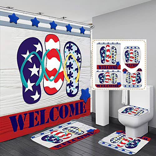 Hedybard 4 Pcs Red Blue Star Shower Curtain Set, Beach Themed Art Print Of Us Flag With Shower Curtain, Non-Slip Soft Flannel Rugs, Toilet Lid Cover, Bath Mat And 12 Hooks For Home Decorations #TOP5