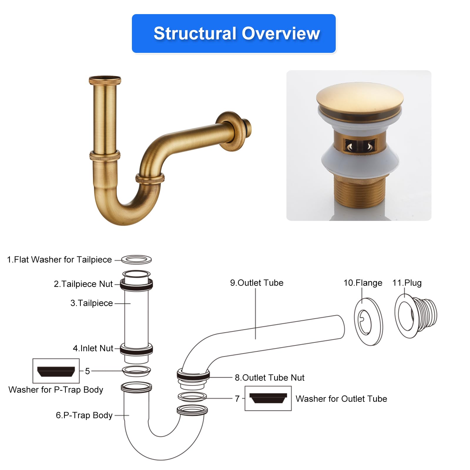 Trampa en P de acero inoxidable y latón con ranuras, 1 1/4 pulgadas x 32 mm, universal para fregadero de baño y lavabo con desbordamiento, trampa de olores ajustable en altura, acabado
