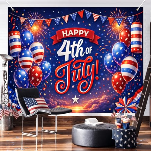 Image of BlissYard 4th of July Backdrop Independence Day Patriotic Party Decorations Photo Booth Backdrop 8x6ft Happy Fourth of July Banner Red White Blue Party Supplies Patriotic Holiday Party Decoration